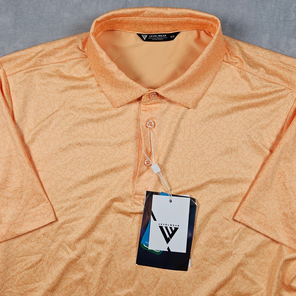 NEW Levelwear Polo Shirt Mens Medium Orange Geometric UPF Moisture Wicking Golf